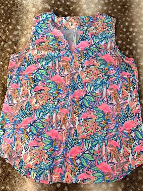 Lulu-B Sleeveless Blouse Bundle L Teal V Neck + Pink Flamingo Tropical - Picture 6 of 9